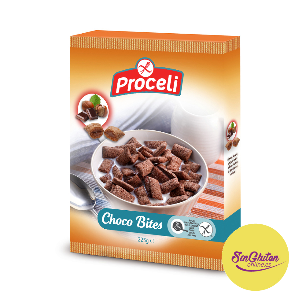 Cereales Choco Bites rellenos de crema de avellanas Sin Gluten - Proceli